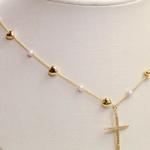 COLAR CORAÇÃO E PÉROLA COM CRUZ  BANHO OURO 18K