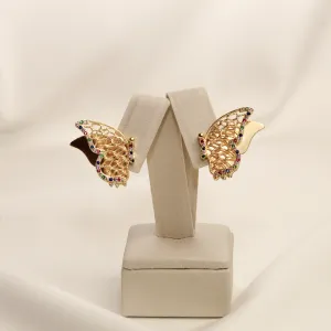 BRINCO BORBOLETA COLORIDA BANHO OURO 18K