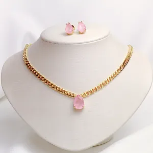 CONJUNTO CORRENTE COM ZIRCÔNIA ROSA CLARO BANHO OURO 18K