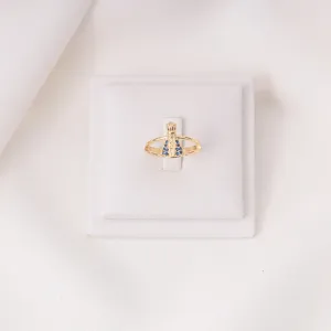 ANEL NOSSA SENHORA COM ZIRCÔNIAS AZUL ESCURAS BANHO OURO 18K