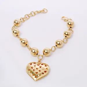 PULSEIRA BOLAS GRANDE COM PINGENTE CORAÇÃO BANHO OURO 18K