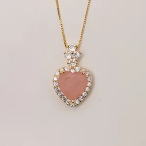 CONJUNTO CORAÇÃO COM ZIRCÔNIAS E PEDRA SALMÃO BANHO OURO 18K
