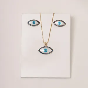 CONJUNTO OLHO GREGO ZIRCÔNIA COLORIDAS BANHO OURO 18K