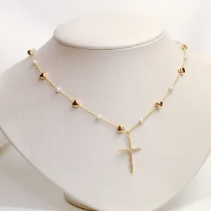 COLAR CORAÇÃO E PÉROLA COM CRUZ  BANHO OURO 18K