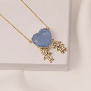 COLAR FILHOS CASAL COM CORAÇÃO AZUL BANHO OURO 18K