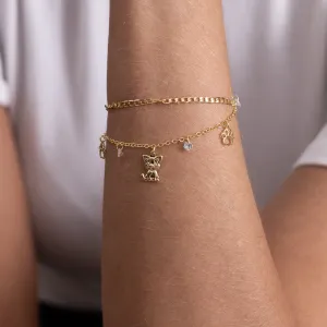 PULSEIRA CORRENTE DUPLA COM GATINHO BANHO OURO 18K