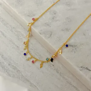 CHOKER PEDRAS CRISTAIS REDONDAS COLORIDAS COM CHAPINHA FOLHA OURO 18K