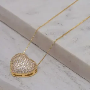 COLAR CORAÇÃO CRAVEJADO COM ZIRCÔNIAS CRISTAIS BANHO OURO 18K