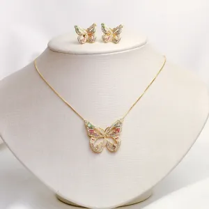 CONJUNTO BORBOLETA CRAVEJADO COM ZIRCÔNIAS COLORIDAS BANHO OURO 18K