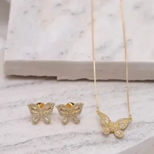 CONJUNTO BORBOLETA CRAVEJADA COM ZIRCÔNIAS CRISTAIS BANHO OURO 18K