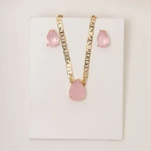 CONJUNTO GOTA PEDRA ROSA CLARO CORRENTE PIASTRINE BANHO OURO 18K