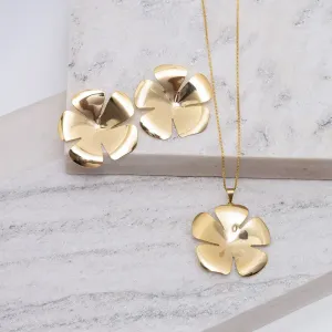 CONJUNTO ORGÂNICO FLOR 5 PÉTALAS LISAS BANHO OURO 18K