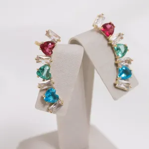 BRINCO EAR CUFF CORAÇÕES COLORIDOS BANHO OURO 18K
