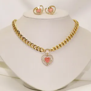 CONJUNTO CORAÇÃO COM PEDRA ZIRCÔNIA COR SALMÃO BANHO OURO 18K