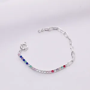 PULSEIRA RIVIERA COM ZIRCÔNIAS COLORIDAS E ELOS COM FECHO BOIA BANHO PRATA