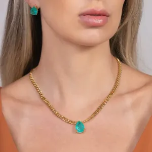 CONJUNTO GOTA PEDRA COR VERDE TIFFANY E CORRENTE PIASTRINE BANHO OURO 18K