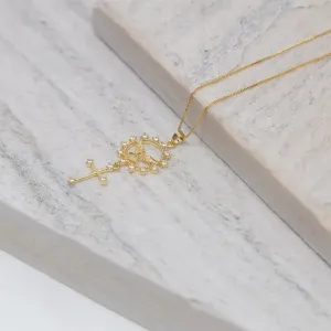 COLAR ESPÍRITO SANTO E CRUZ CRAVEJADOS COM ZIRCÔNIAS CRISTAIS BANHO OURO 18K