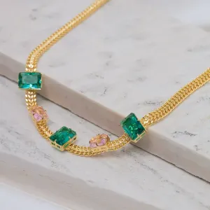 COLAR CORRENTE LACRAIA COM PEDRA VERDE E ROSA CLARO BANHO OURO 18K