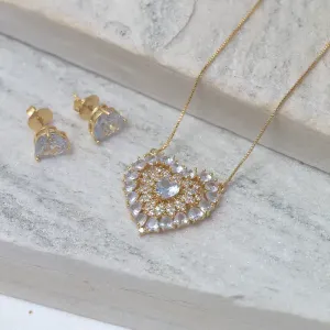 CONJUNTO CORAÇÃO COM ZIRCÔNIAS CRISTAIS BANHO OURO 18K