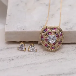CONJUNTO CORAÇÃO GRANDE CRAVEJADO COM ZIRCÔNIAS COLORIDAS BANHO OURO 18K