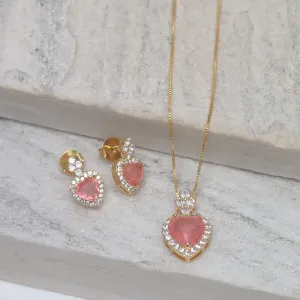 CONJUNTO CORAÇÃO COM PEDRA ZIRCÔNIA SALMÃO BANHO OURO 18K