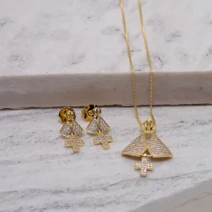 CONJUNTO NOSSA SENHORA CRUZ COM ZIRCÔNIAS  CRISTAIS BANHO OURO 18K