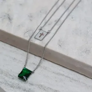 CORRENTE ESCAPULÁRIO CRUZ COM PEDRA VERDE ESMERALDA AÇO INOX