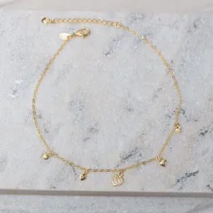 TORNOZELEIRA PINGENTES DE CORAÇÕES BANHO OURO 18K