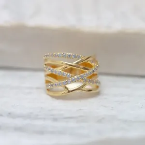 ANEL FILEIRAS CRAVEJADAS COM ZIRCÔNIAS CRISTAIS BANHO OURO 18K