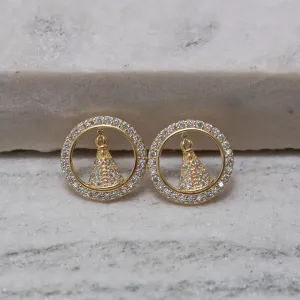 BRINCO NOSSA SENHORA CRAVEJADO COM ZIRCÔNIAS BANHO OURO 18K