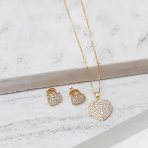 CONJUNTO CORAÇÃO COM ZIRCÔNIAS BANHO OURO 18K