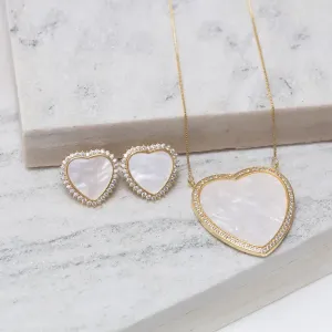 CONJUNTO CORAÇÃO MADRE PÉROLA COM ZIRCÔNIAS BANHO OURO 18K