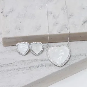 CONJUNTO CORAÇÃO MADRE PÉROLA COM ZIRCÔNIAS BANHO PRATA