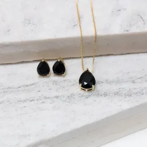 CONJUNTO GOTA COM PEDRA PRETA BANHO OURO 18K