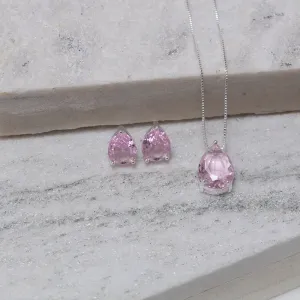 CONJUNTO GOTA COM PEDRA ROSA CLARO BANHO PRATA