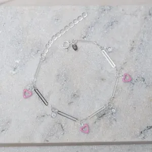 PULSEIRA CORAÇÃO ROSA COM PEDRAS CRISTAIS BANHO PRATA