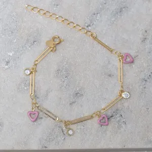 PULSEIRA CORAÇÃO ROSA COM PEDRAS CRISTAIS BANHO OURO 18K