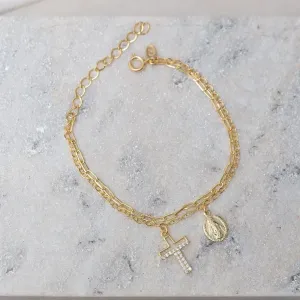 PULSEIRA DUPLA COM CRUZ E NOSSA SENHORA BANHO OURO 18K