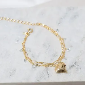 PULSEIRA DUPLA CORAÇÃO E PEDRA CRISTAL BANHO OURO 18K