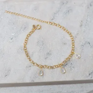 PULSEIRA ELO PORTUGUÊS COM GOTAS CRISTAIS BANHO PRATA