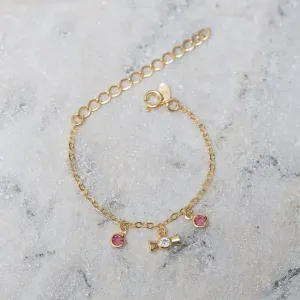 PULSEIRA INFANTIL BOMBOM COM CRISTAIS ROSAS BANHO OURO 18K