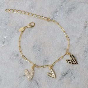 PULSEIRA TRÊS CORAÇÕES CRAVEJADO E LISO BANHO OURO 18K