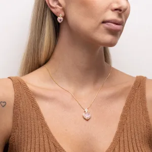 CONJUNTO CORAÇÃO COM PEDRA ZIRCÔNIA ROSA CLARO BANHO OURO 18K