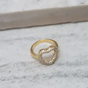 ANEL CORAÇÃO PUFFER VAZADO CRAVEJADO BANHO OURO 18K