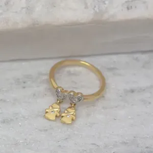 ANEL FILHOS DUAS MENINAS DOIS CORAÇÕES CRAVEJADO BANHO OURO 18K