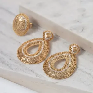 CONJUNTO BRINCO E ANEL IZABEL BANHO OURO 18K