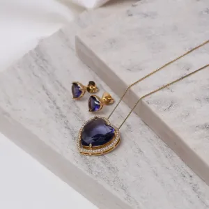 CONJUNTO CORAÇÃO COM PEDRA ROXA BANHO OURO 18K