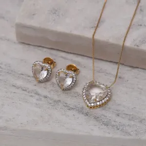 CONJUNTO CORAÇÃO COM PEDRA ZIRCÔNIA CRISTAL BANHO OURO 18K