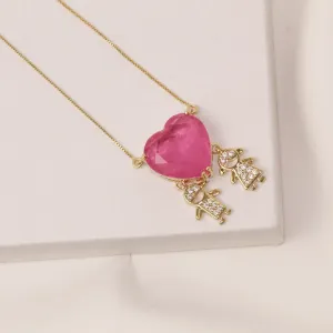 COLAR FILHOS CASAL COM CORAÇÃO PINK BANHO OURO 18K