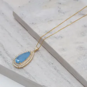 COLAR GOTA COM ZIRCÔNIAS E PEDRA AZUL CLARO G BANHO OURO 18K
